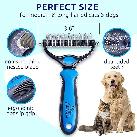 Pat Your Pet Double-Sided Deshedding Brush for Dogs and Cats - Extra Wide Undercoat Rake and Dematting Tool for Effective Grooming